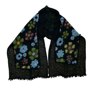 Black Floral Knit Boho Scarf Wrap 17x66 Open Weave Pom Trim